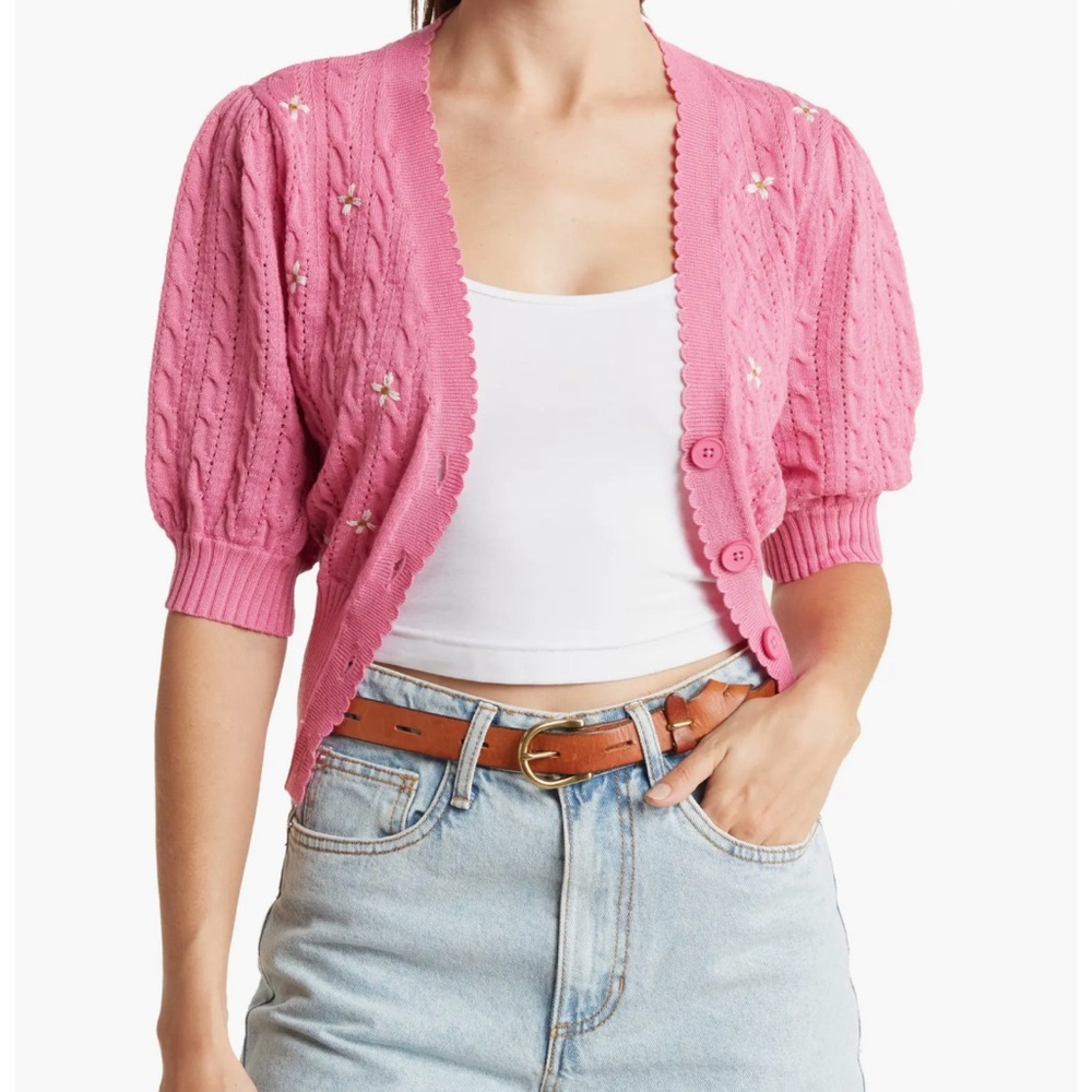 LUSH Women’s Cable Knit Embroidered Short Puff Sleeve Cardigan Orchid Pink Small